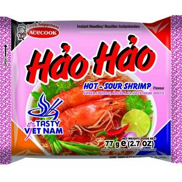 ACECOOK Hao Hao - Instant nudelsoppa med varm och sur räkorsmak 77 g